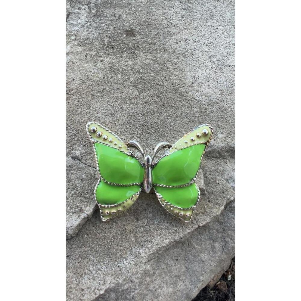 Vintage Silver Tone Green BUTTERFLY BROOCHES Pins Signed “Best”
